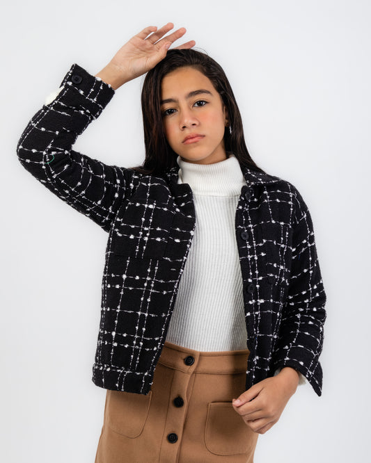 Fur-lined plaid tweed jacket (Black)