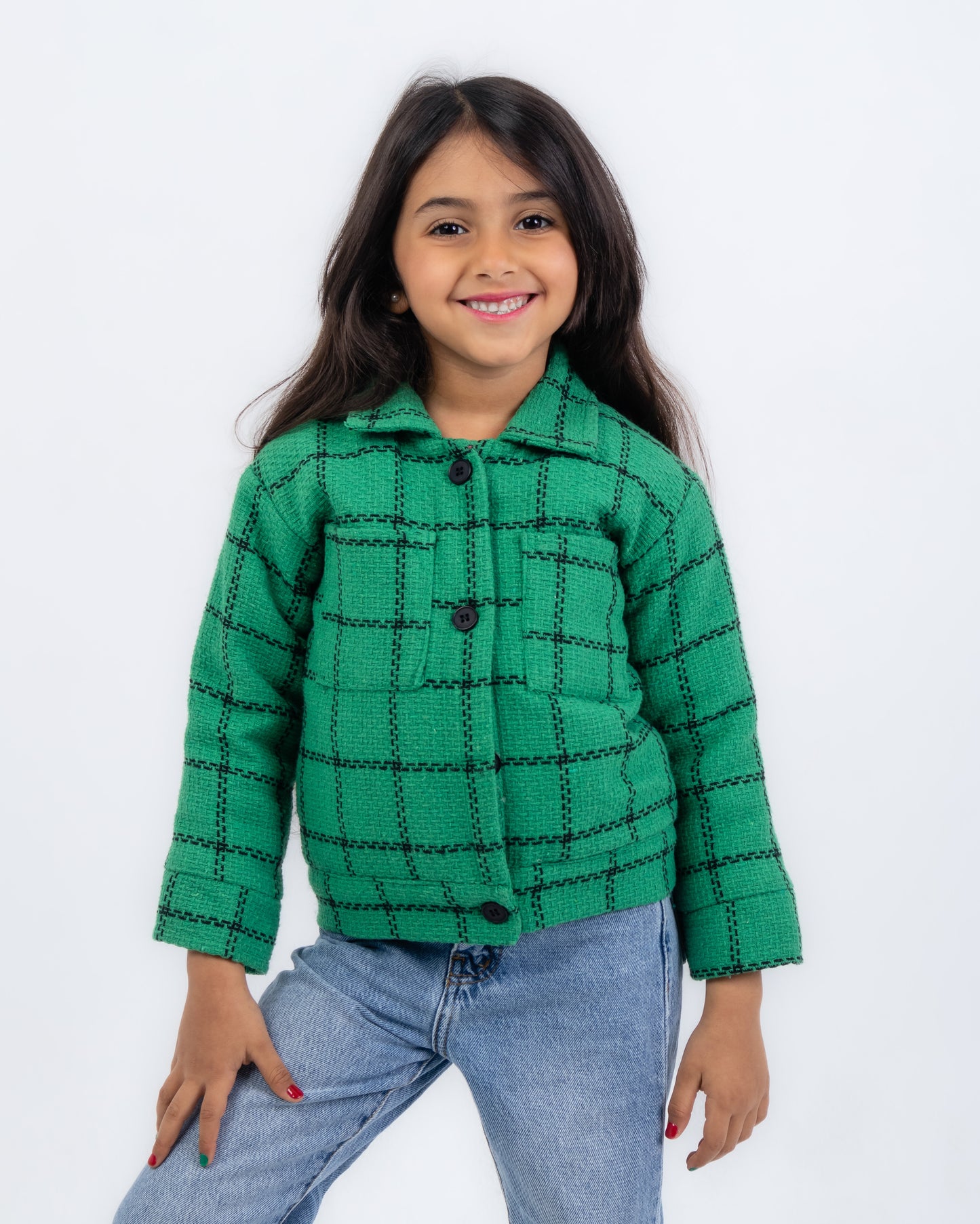 Fur-lined plaid tweed jacket - green color