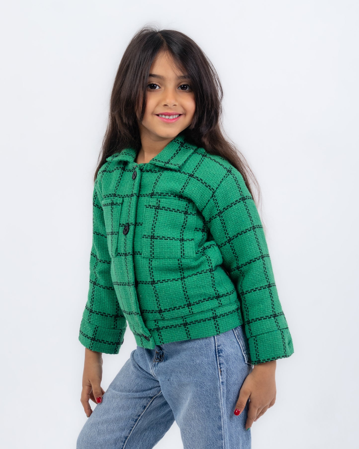 Fur-lined plaid tweed jacket - green color