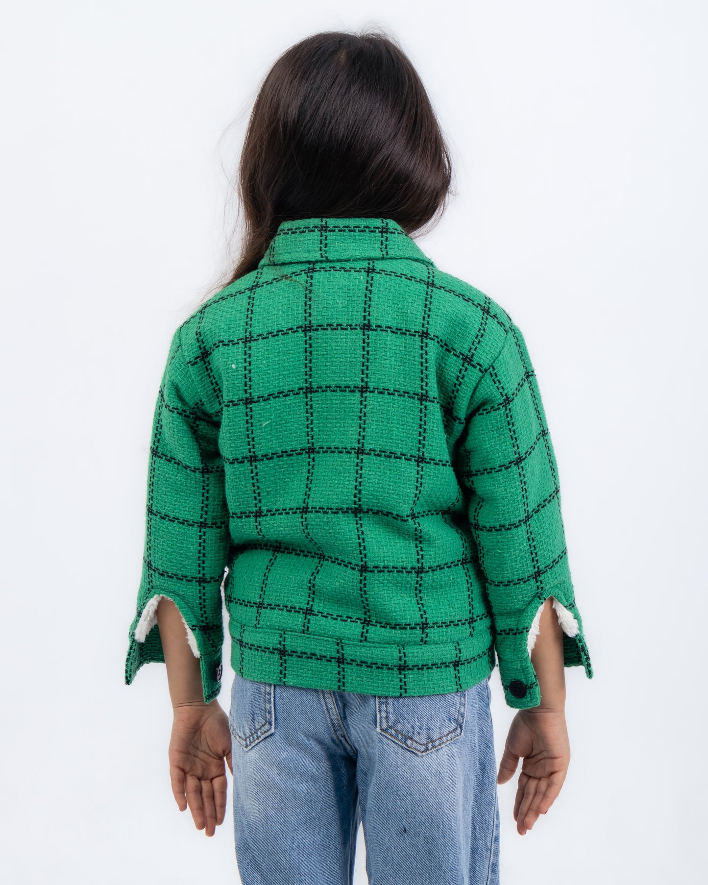 Fur-lined plaid tweed jacket - green color